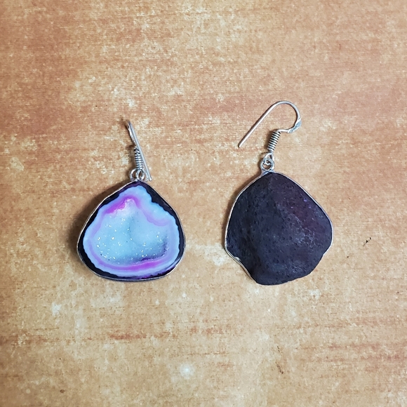 New Geode Half Cut Druzy Crystals Silver Earrings. - Picture 5 of 8